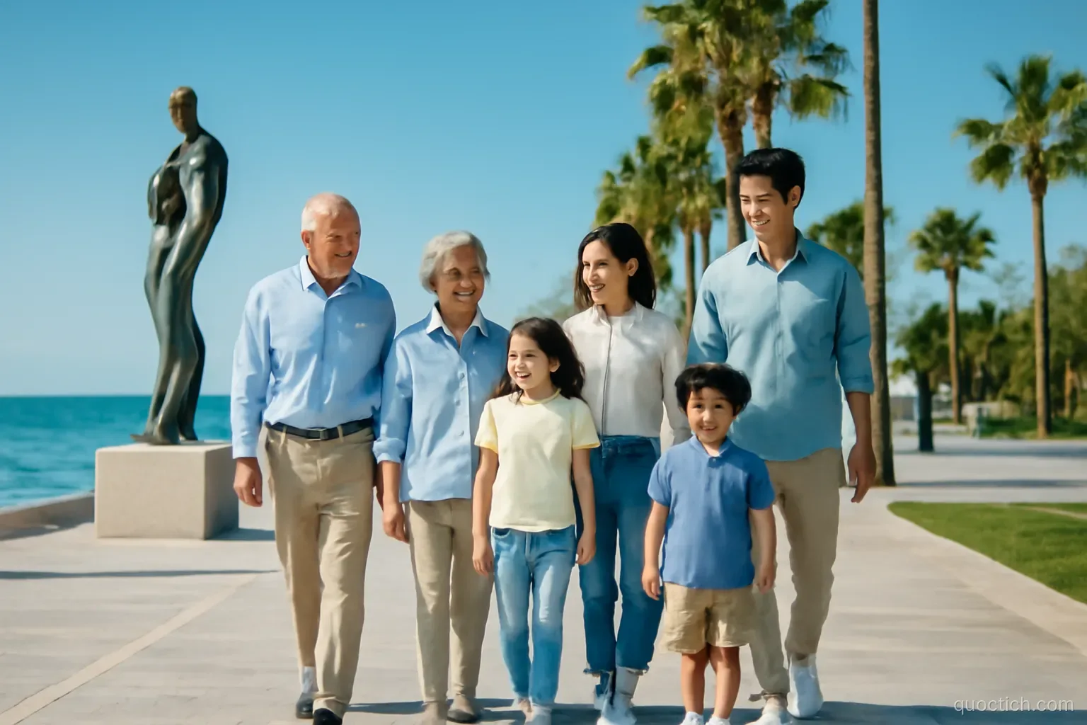 Asian grandparents, parents and two children walking together along the sunny Limassol Molos seafront park with sculptures and palm trees, wide shot, bright afternoon light, blue and green tones