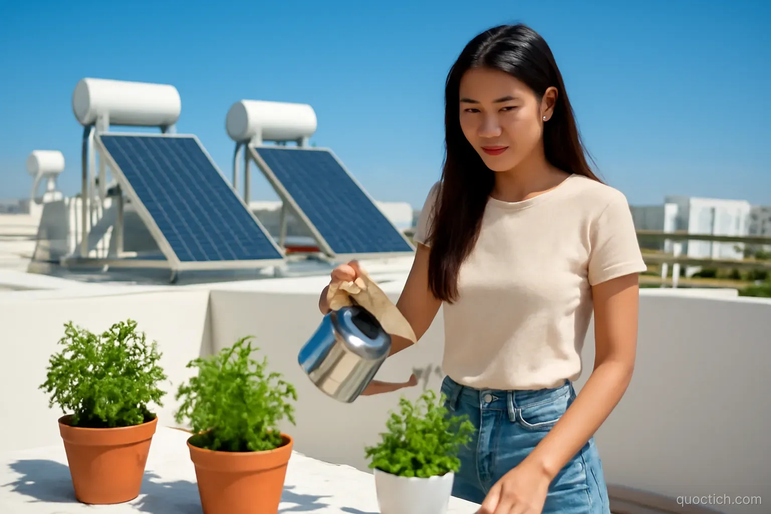 Bright rooftop of a modern Limassol apartment building covered with solar water heaters and panels, a Vietnamese woman watering potted herbs, medium shot, intense blue sky, white and green colors